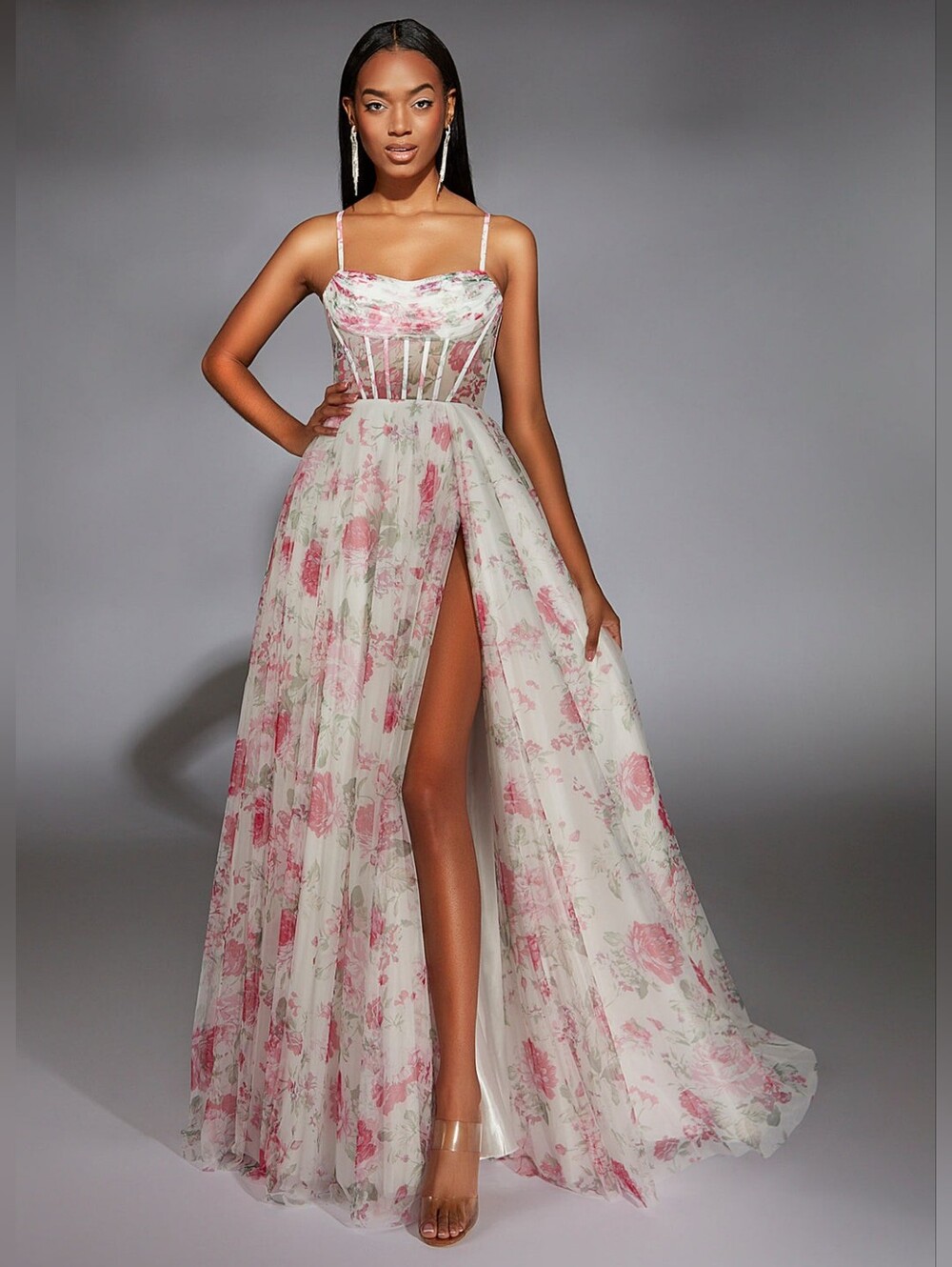 Floral Corset Maxi Dress High Slit Pink Rose Print Prom Dress Size 0
